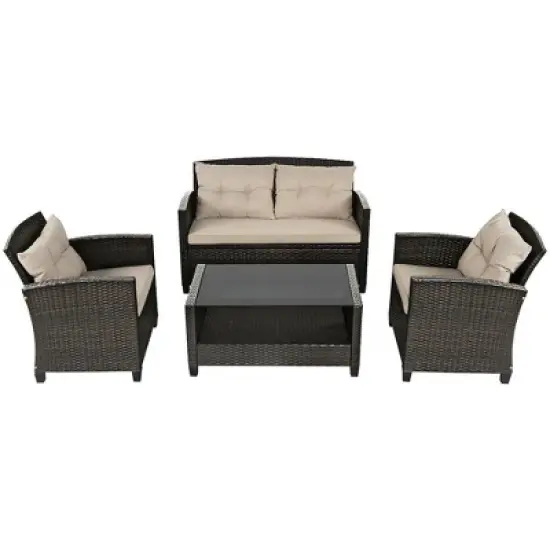 Costway 4PCS Outdoor Rattan Furniture Set Cushioned Sofa Armrest Chair Lower Shelf Brown image {8}