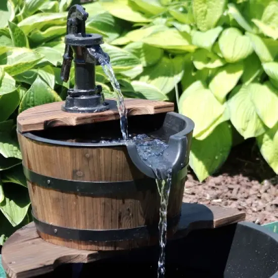 Sunnydaze Electric Fir Wood 2-Tier Farmhouse Barrel with Metal Decorative Hand Pump Outdoor Water Fountain image {4}