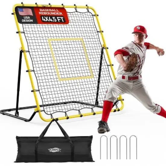 PLAYAPUT Baseball Rebounder Net - 4x4.5FT Pitchback Net for Pitching and Fielding Training, Adjustable Angle, Yellow and Black image {4}