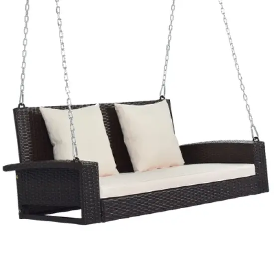FIONECA 2-Person Wicker Hanging Porch Swing with Cushion & Pillow, Outdoor Rattan Swing Bench with Chains for Garden, Backyard, Pond (Brown/Beige) image {8}