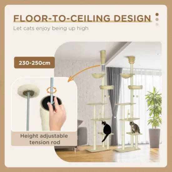 SEVOBAL Floor to Ceiling Cat Tree Adjustable Height, Cat Climbing Tower with Carpeted Platforms, Toy Balls, Beige, (21.25"*13.5"*98.5") image {3}
