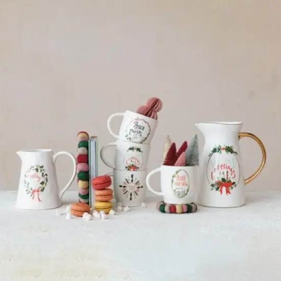 Storied Home 1 Quart Stoneware Pitcher with Gold Electroplating "Holly Jolly", Multicolor image {4}