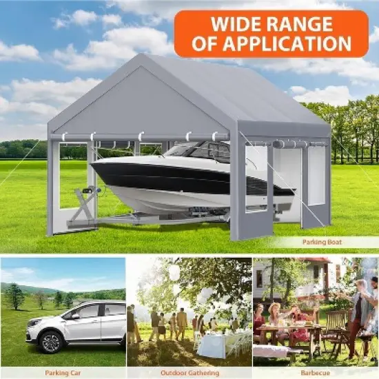 13 x 20 FT Metal Carport, with Side-Opening Door & Roll-Up Windows, All-Inclusive Metal Carport, Outdoor Portable Garage Shelters Tents, Grey image {4}