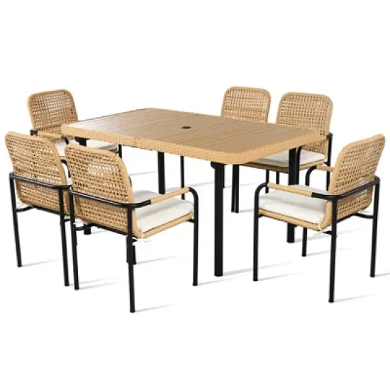 FIONECA 7-Piece Outdoor Wicker Patio Dining Set with Plastic-Wood Table Top, Umbrella Hole, Beige Cushions &uml;C Backyard, Garden & Poolside Furniture image {6}