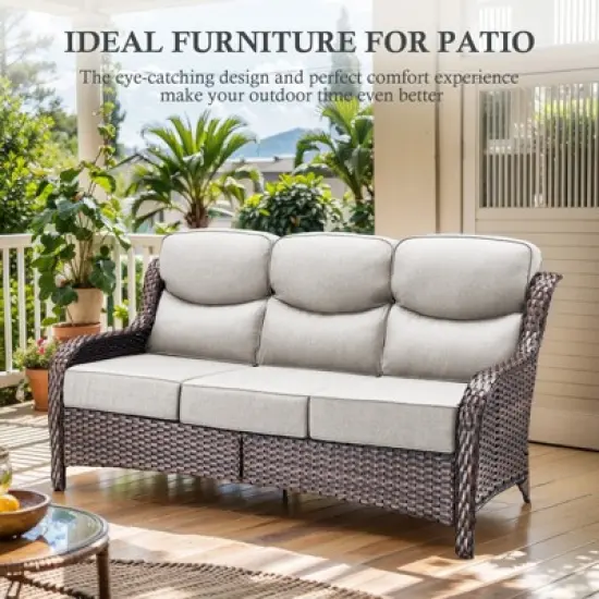 Belord 6" Thick Cushion High Back Outdoor Wicker Patio Sofa, All Weather Wicker Furniture 3-Seater Sofa Patio Couch for Porch image {5}