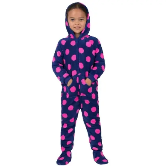 Footed Pajamas - Navy Pink Polka Toddler Hoodie Chenille Onesie image {2}