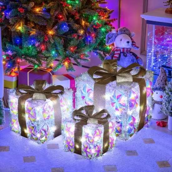 LuxenHome 3-Piece Prism Gift Boxes with Gold Ribbon Holiday Decoration with Lights Multicolored, Gold, White image {4}