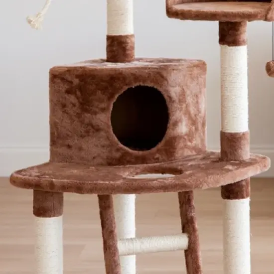 IRIS USA 3-Tier Plush Cat Tree with Hiding Place and Sisal Covered Rungs and Posts, Brown image {4}