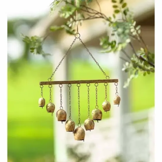 Wind & Weather Handcrafted Nine Metal Bells Wind Chime with Antiqued Golden Finish image {1}