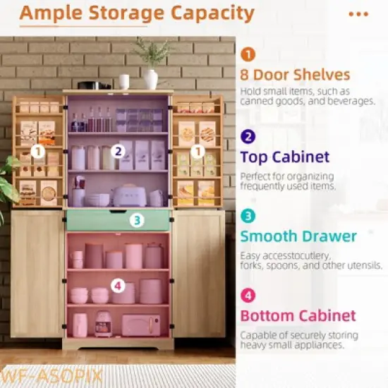 72" Tall Modern Pantry Cabinet with 4 Doors, Drawer & Adjustable Shelves image {6}
