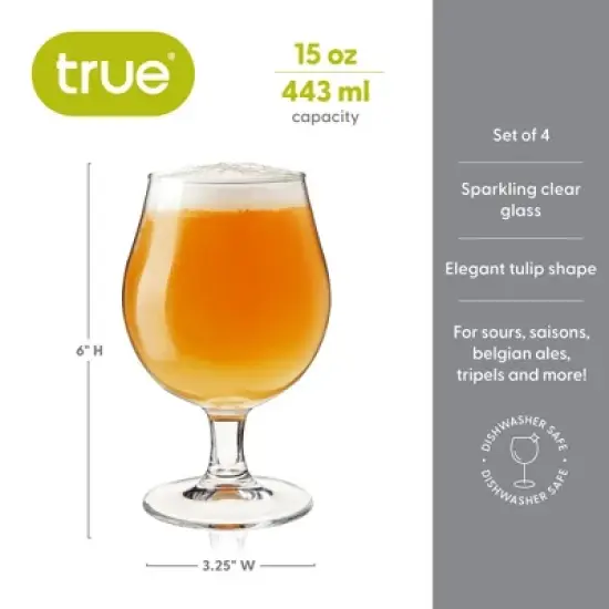 True Beer Tulip Glasses Craft Beer Cups Set Dishwasher Safe Drinking Tumblers Stemmed with Flared Rim, 15.5 Oz Clear Glass Set of 4 image {2}