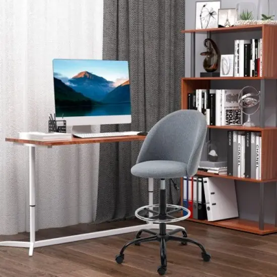 Vinsetto Ergonomic Rolling Drafting Chair for Standing Desk, Linen Office Stool with Adjustable Foot Ring and Steel Base image {2}