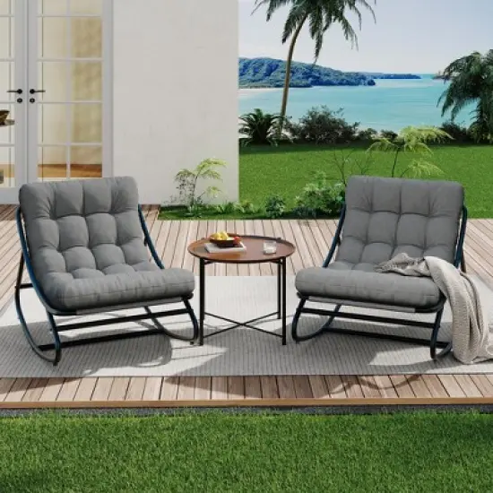 Patio Rocking Chair with Thick Cushion, Comfy Indoor/Outdoor Lounge Rocker for Porch, Garden, Living Room image {3}