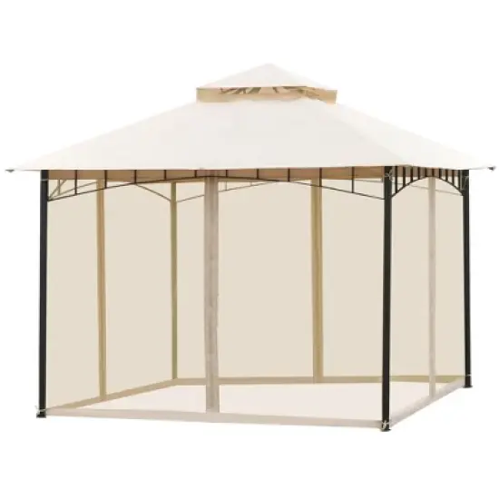 Outsunny 116.25" x 116.25" Outdoor Patio Gazebo Canopy Tent with Mesh Sidewalls, 2-Tier Canopy for Backyard, Beige image {3}