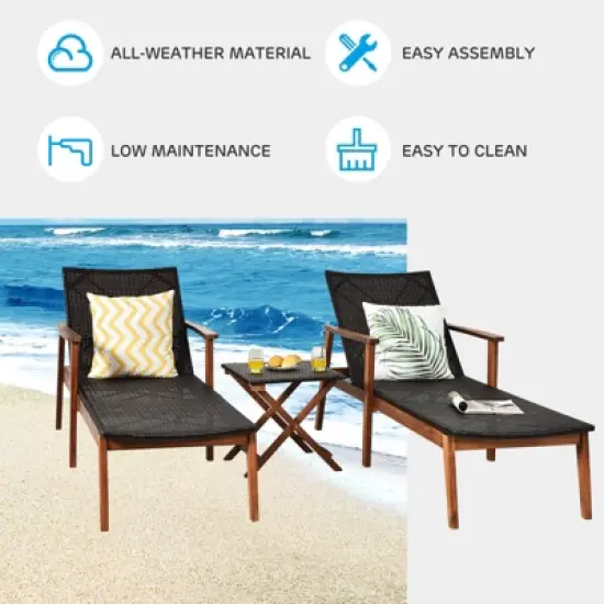 Tangkula 3PCS Chaise Lounge Set 4-Level Folding Chaise Lounge Adjustable Outdoor Beach with Wicker Side Table image {6}