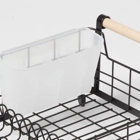 Metal Dish Rack with Powder Coated Finish and Rubber Wood Handles Black - Brightroom&trade;: Freestanding Dish Drying Rack image {2}