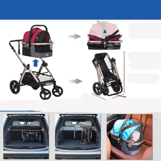 HPZ Pet Rover Prime 3-in-1 Stroller - Luxury Dog/Cat/Pet Stroller (Travel Carrier + Car Seat +Stroller) with Detach Carrier/Pump-Free Rubber Tires image {2}
