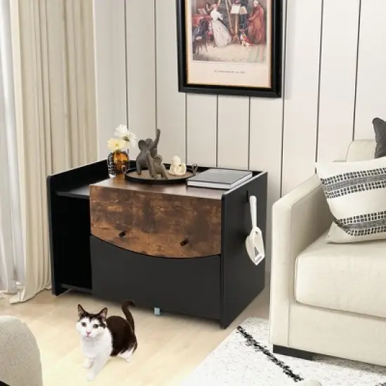 Tangkula Cat Litter Box Enclosure w/ Pull-out Drawer Flip Door Rolling Caster Indoor Black image {1}