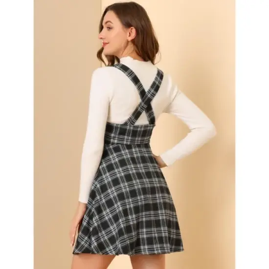 Allegra K Women's Pinafore Overall Tartan Checks Braces A-line Suspender Skirt image {4}