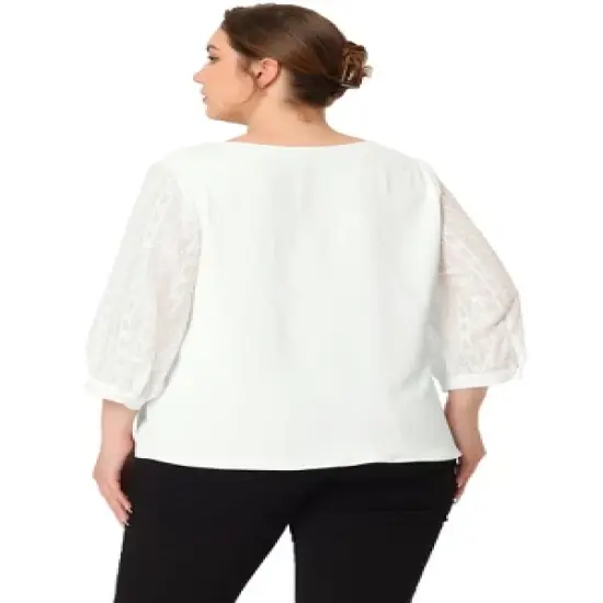 Agnes Orinda Women's Plus Size Spring Elegant Lace Sleeve Button-Down Blouse image {3}