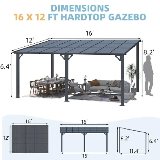 CLIHOME 16 ft. x 12 ft. Outdoor Pergola Large Wall-Mounted Hard Top Lean to Metal Gazebo Shelter with Patio Roof, Heavy Duty Awnings image {7}
