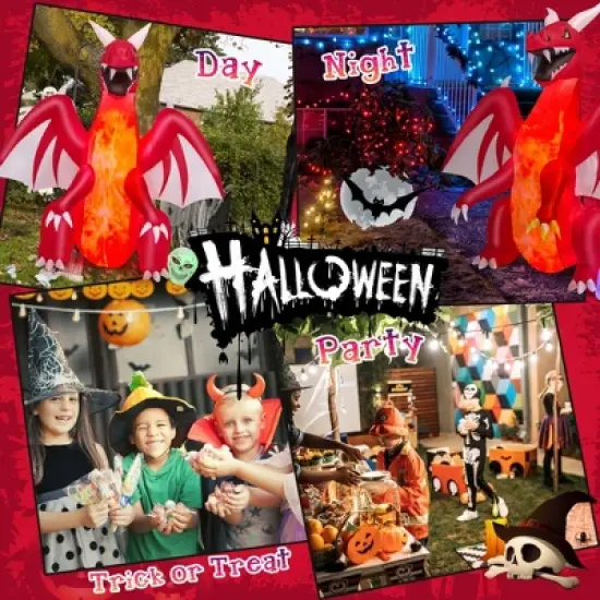 Costway 8 FT Halloween Inflatable Red Dragon with Wings & Skull Holiday Decoration Light image {4}