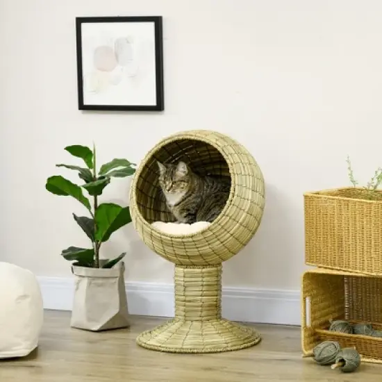 PawHut Elevated Cat Bed with Rotatable Egg Chair Pod, Cat Basket Bed with Thick Cushion, Natural Mat Grass Woven Kitty House image {2}