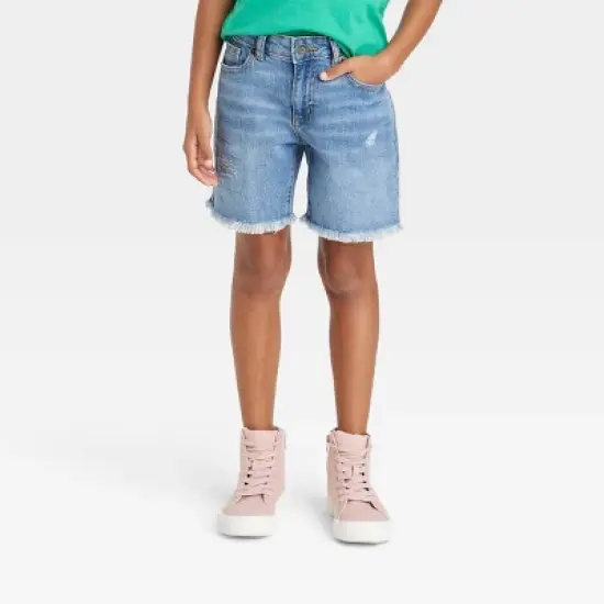 Girls' Destructed Relaxed Midi Jean Shorts - Cat & Jack&trade; Medium Wash image {3}