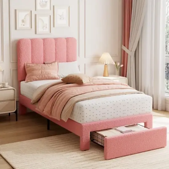 2 Sets Twin Bed Frame with Under-Bed Drawer, Boucle Upholstered Platform Bed with Wave Headboard, Wooden Slats Support, No Box Spring Needed, Pink image {2}