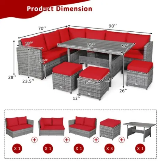 Tangkula 7PCS Rattan Patio Sectional Sofa Set Conversation Set w/ Red Cushions image {8}