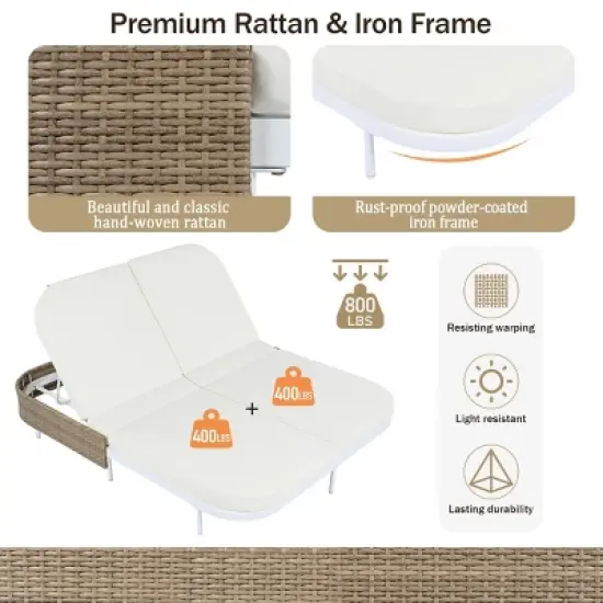 5-Position Adjustable Rattan Outdoor Double Chaise Lounge With Adjustable Backrest,Metal Frame,Removable Cushions And Pillows -Maison Boucle image {4}