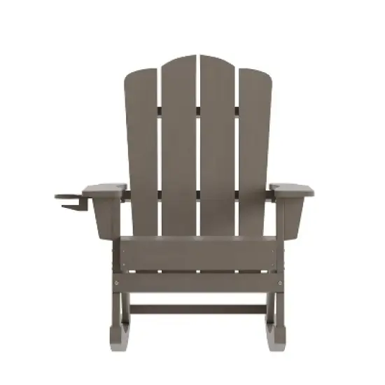 Emma and Oliver Adirondack Rocking Chair with Cup Holder, Weather Resistant HDPE Adirondack Rocking Chair in Brown image {8}
