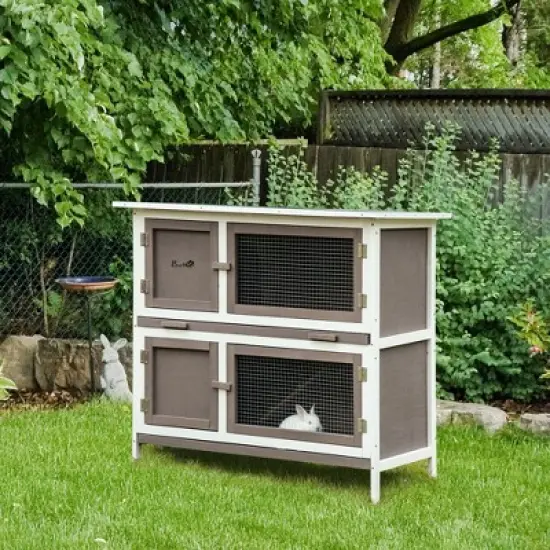 PawHut Wooden Bunny Hutch Rabbit Hutch Small Animals Habitat with Ramp, Removable Tray and Weatherproof Roof, Indoor/Outdoor image {2}