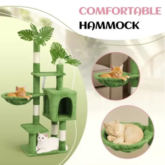 Karl Home 48 inch Green Cat Tree with Leaves Multi-level Cat Tower with Condo Hammock image {5}