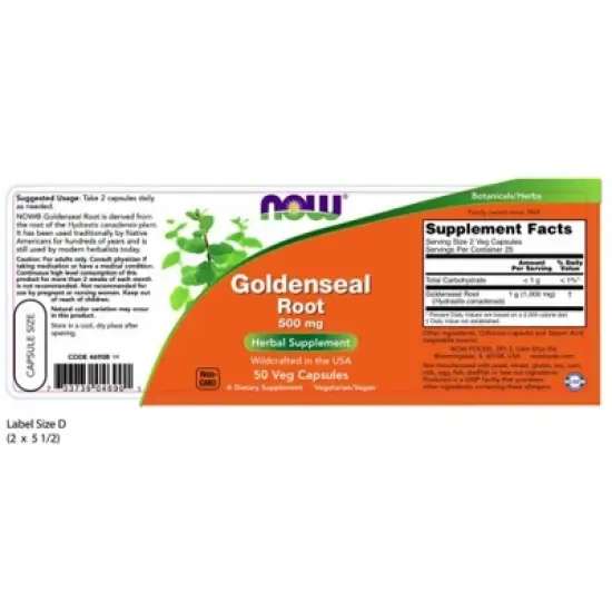 Goldenseal Root 500mg US Wildcrafted by Now Foods  -  50 Capsule image {1}