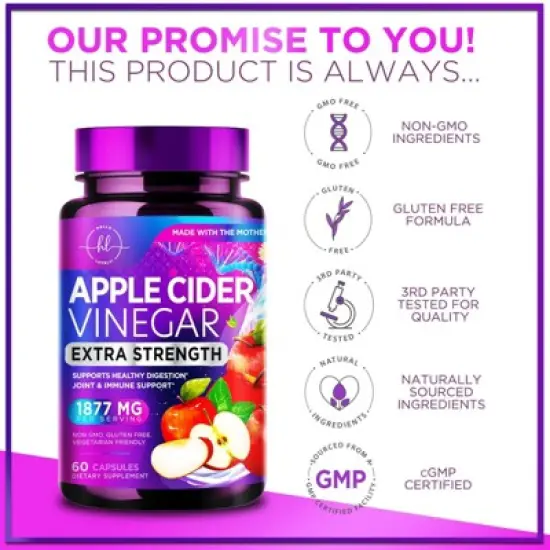 Apple Cider Vinegar Pills from the Mother - 1877mg of ACV with Vitamin D3 & Zinc, ACV Supplement for Digestion - 60 Capsules By Hello Lovely! image {3}