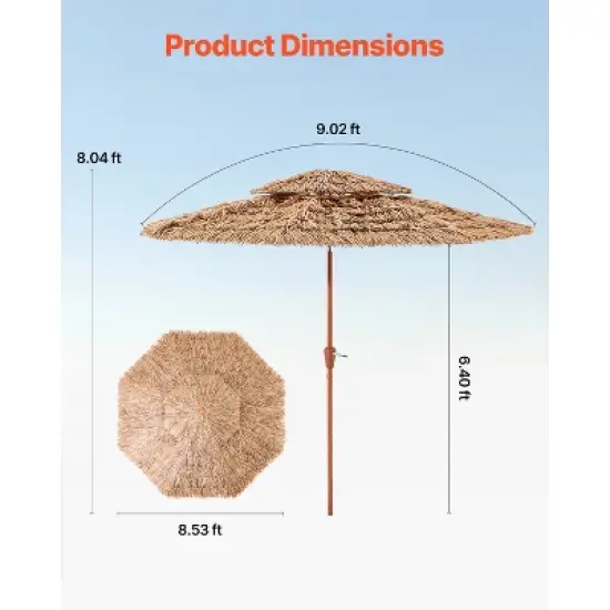 VEVOR Tiki Umbrella, 9 ft Thatched Patio Umbrella with Tilt, 2-Tier Hawaiian Style Beach Parasol with PP Thatch and 8 Metal Ribs, Original Color image {7}