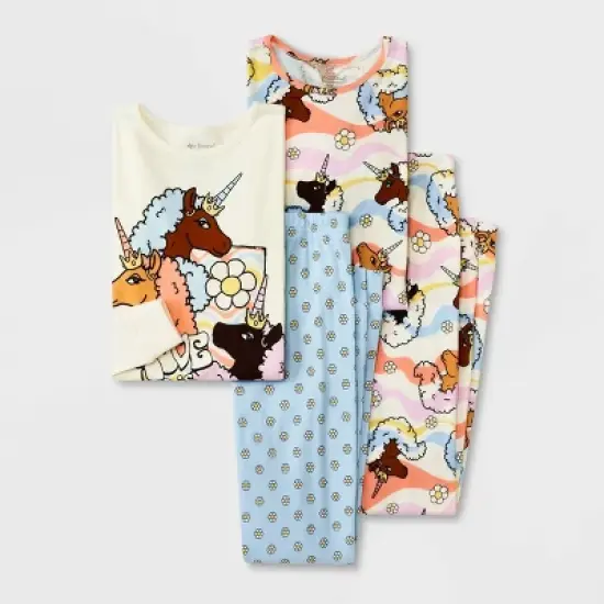 Girls' Afro Unicorn Snug Fit 4pc Pajama Set - Blue/Pink image {3}