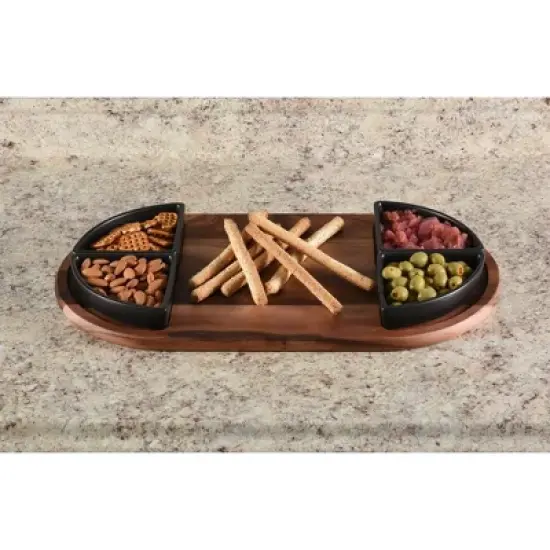 Charcuterie/ Serving Tray w/ 4 black triangular ceramic bowls image {2}