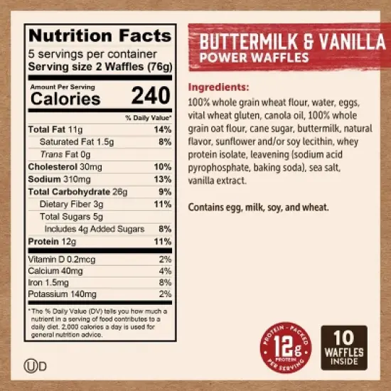 Kodiak  Frozen Power Waffles Buttermilk & Vanilla -13.4oz/10ct image {3}