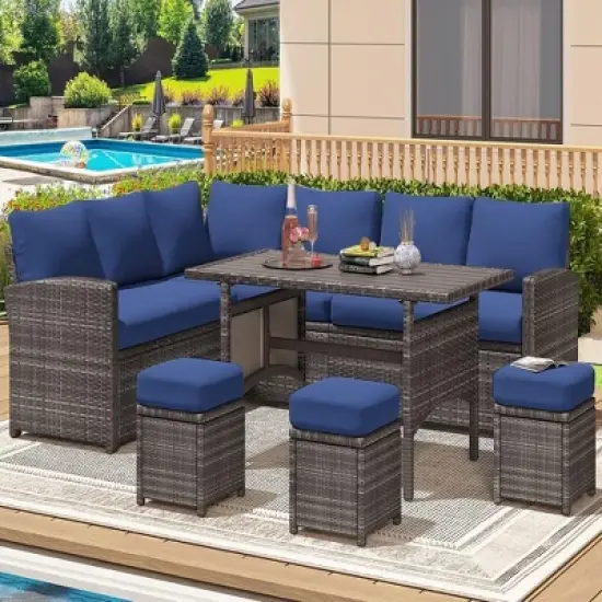 COWLOWN 7 Piece Blue Outdoor Patio Furniture Set, Brown Rattan with Dining Table, 3 Ottomans, Thickened Cushions for Backyard, Deck and Garden image {12}
