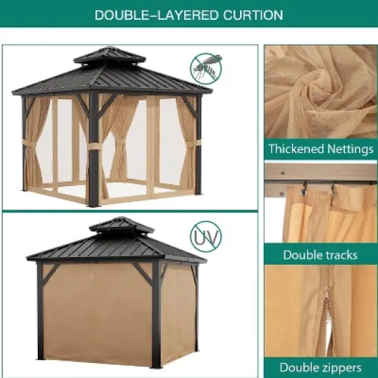 10x10 FT Permanent Hardtop Gazebo Outdoor Pavilion, Heavy Duty Aluminum Frame, Garden Shelter with Curtains & Netting, All-Weather Patio Canopy image {3}
