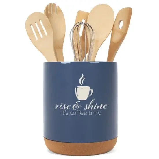 Elanze Designs Rise Shine It's Coffee Time Barista Ceramic Cork Bottom Navy Blue Large Capacity Utensil Holder Crock for Countertop Storage, Stylish & image {4}