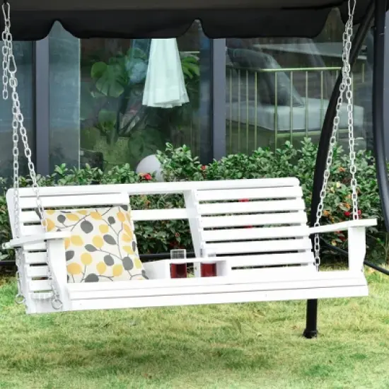 Sapphtopaz Porch Swing Patio Wooden Armrest Bench 3-Seat Conversation Swing with Hanging Chains and Cup Holder for Garden, Backyard, Terrace image {8}