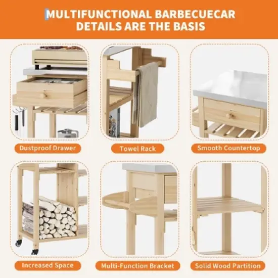 Solid Wood Outdoor Grill Cart Storage Cabinet with Stainless Steel Table Top, Patio Bar Table with Lockable Wheels for Garden and Porch, Natural image {5}