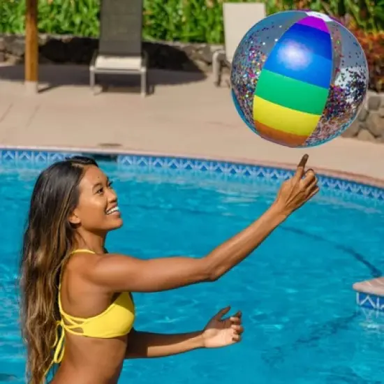 PoolCandy Inflatable Jumbo Beach Classic Rainbow Glitter Ball Ultra Durable Fun In The Sun For Hours Great For Pools, Lakes, And More image {2}