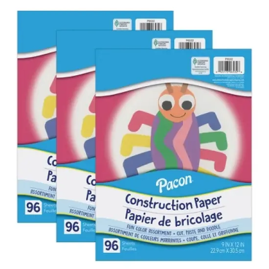 Pacon&reg; Construction Paper, Lightweight, Assorted Colors, 9" x 12", 96 Sheets Per Pack, 3 Packs image {3}