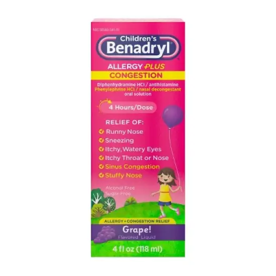 Children's Benadryl Diphenhydramine Allergy Plus Congestion Relief Liquid - Grape - 4 fl oz image {8}