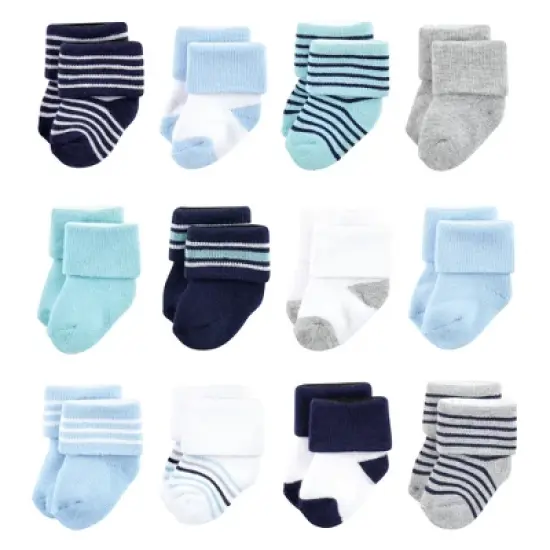 Luvable Friends Baby Boy Newborn and Baby Terry Socks, Mint Navy Stripes 12-Pack image {9}