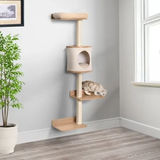 PawHut 4-Level Wall-Mounted Cat Tree Activity Tower, Wall Cat Shelves with Sisal Rope Scratching Posts, Cat Condo and Bed, Light Brown image {2}